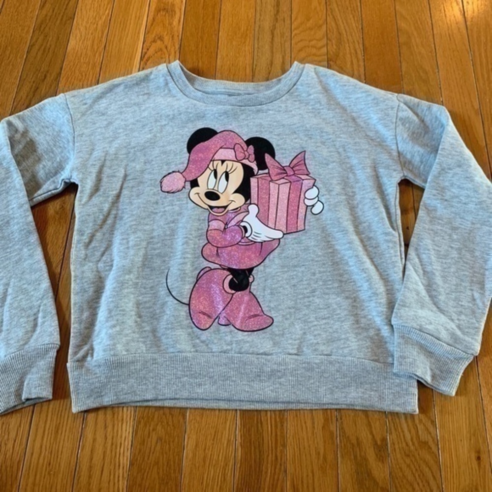 New Disney Minnie Mouse Glitter Pink Present Girls Size 12 Crop Sweatshirt Gray